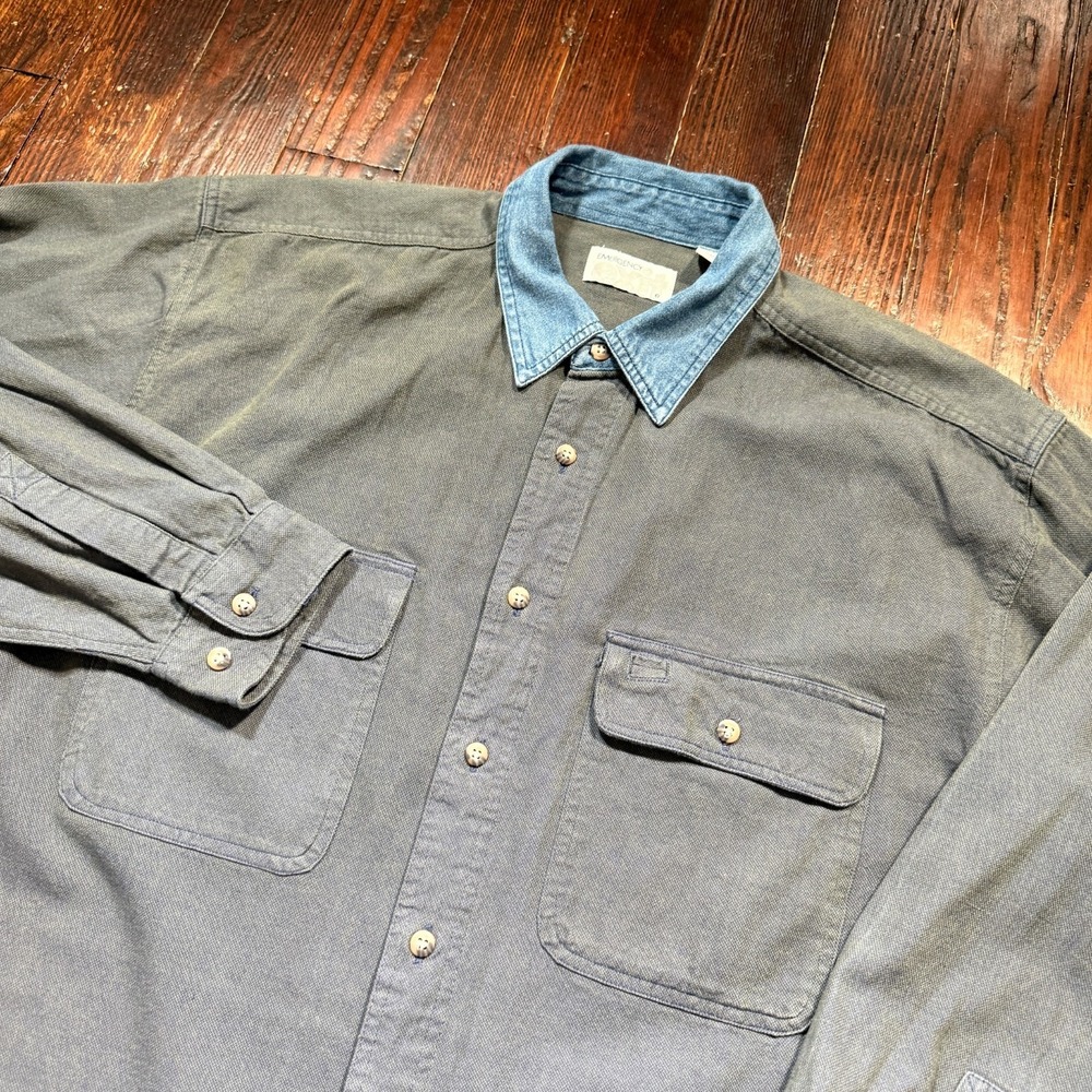 Vintage Emergency Exit Shirt Mens L Colorblock Denim Chambray 90s Hong Kong
